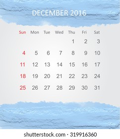 Calendar for december 2016.Vector illustration.