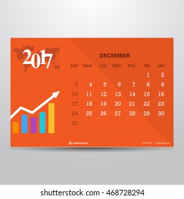 Calendar for December 2017 on Orange background. Progress chart Technology Banner with world map transparent background. Week Starts Sunday. Vector Design Print Template