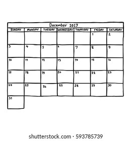 calendar December 2017 - vector illustration sketch hand drawn with black lines, isolated on white background