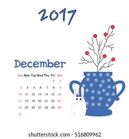 Calendar December 2017. Vector Template. Week starts Sunday