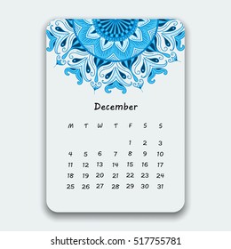 Calendar December 2017. Vintage decorative colorful elements. Ornamental floral oriental pattern. Vector illustration with Islam, Arabic, Indian, turkish, pakistan chinese ottoman motifs.
