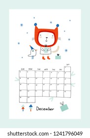 Calendar December 2018. Templates with cute cat. Vector illustration for Christmas.