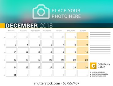 Calendar for December 2018. Vector Design Print Template with Place for Photo, Logo and Contact Information. Week Starts on Monday. Calendar Grid with Week Numbers and Place for Notes