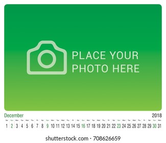 Calendar for December 2018. Vector Design Print Template with Place for Photo. Wall calendar ready for print!