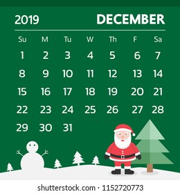 Calendar for December 2019 with christmas theme