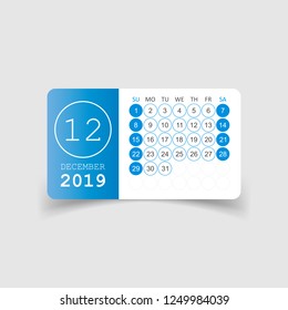 Calendar december 2019 year in paper sticker with shadow. Calendar planner design template. Agenda december monthly reminder. Business vector illustration.