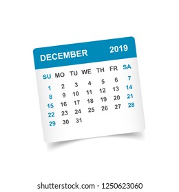 Calendar december 2019 year in paper sticker with shadow. Calendar planner design template. Agenda december monthly reminder. Business vector illustration.
