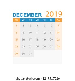 Calendar december 2019 year in simple style. Calendar planner design template. Agenda december monthly reminder. Business vector illustration.