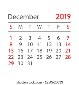 Calendar december 2019 year in simple style. Calendar planner design template. Agenda december monthly reminder. Business vector illustration.