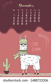 Calendar for December 2020 from Monday to Sunday. Cool llama with scarf and glasses standing near cactus. Alpaca cartoon character. Funny animal. Vector illustration