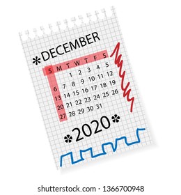 Calendar for December 2020. Vector calendar template on checkered sheet of paper. Hand drawn scribble elements. Week starts on Sunday.