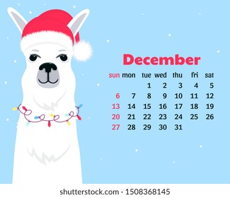 Calendar for December 2020. Week start on Sunday. Cute llama in a hat of Santa Claus with a garland lights