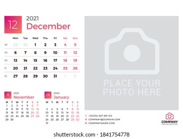 Calendar for December 2021. Vector design print template with place for photo. Week starts on Monday. 3 months on page