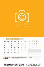 Calendar for December 2021. Week starts on Monday. Wall calendar planner template. Vector illustration
