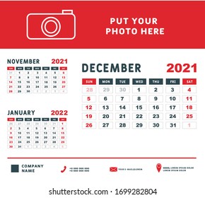 Calendar for December 2021. Week starts on Sunday. Calendar template design with Place for Photo and Company Logo. Vector illustration.