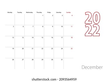 Calendar for December 2022 in modern design, planner template. Vector calendar 2022.