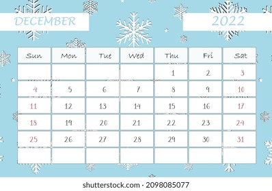 Calendar December 2022. calendar template with snowflakes. Isolated on blue background. Week starts sunday.