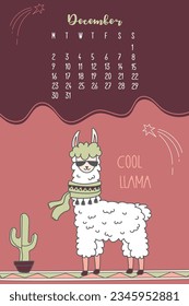 Calendar for December 2024, week from Monday to Sunday. Cool llama with scarf and glasses standing near cactus. Alpaca cartoon character in scandinavian style. Funny animal. Vector illustration