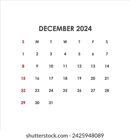 Calendario para diciembre de 2024. La semana comienza el domingo