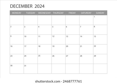 Calendario para diciembre de 2024. La semana comienza el lunes. Planeador.