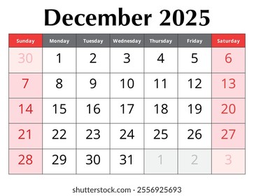 Calendar for December 2025. Design vector illustration. English page of the winter month