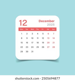 Calendar december 2025 icon in flat style. Planner vector illustration on isolated background. Calender sign business concept.