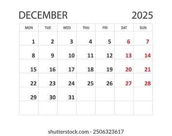 Calendar december 2025 icon in flat style. Planner vector illustration on isolated background. Calender sign business concept.