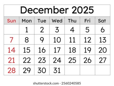 Calendar for december 2025. Simple vector illustration. English page of the winter month