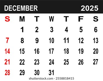 Calendar for December 2025. the week begins on Monday. flat design. removable calender for the month. vector ilustration. 