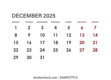 Calendar for December 2025. The week starts on Monday.