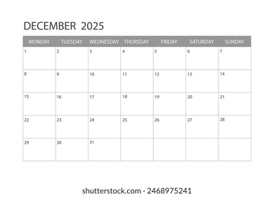 Calendar for December 2025. The week starts on Monday