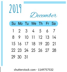Calendar December blue2019 on white background