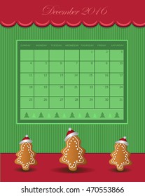 Calendar December Christmas 2016 tree gingerbread green red vector