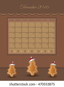 Calendar December Christmas 2016 tree gingerbread chocolate vector