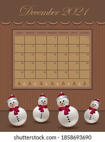 Calendar December Christmas for the year 2021, snowman with a hat, chocolate color vector