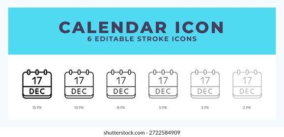 Icono de diciembre del calendario en línea delgada. Línea en negrita. Línea regular. Trazo editable.
