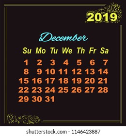 Calendar December yellow doodle decor 2019 on black background