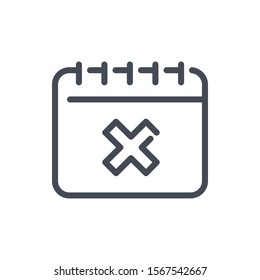 Calendar with decline cross line icon. Data reminder with X vector outline sign.