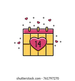 Calendar decorated with heart shape. Flat color line icon on isolated background for Valentine's Day celebration.