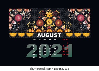 Calendar decorative flowers folk. Decorative floral pattern. Design element set.August2021