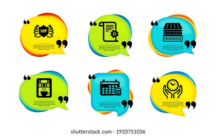 Calendar, Deluxe mattress and Technical documentation icons simple set. Speech bubble with quotes. Coffee maker, Vip security and Safe time signs. Calculator device, Sleeping pad, Manual. Vector