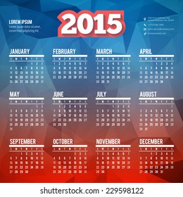 Calendar design 2015 vector template week starts sunday all month 