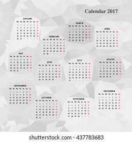 Calendar Design for 2017. Print template. Week starts on Monday. Set of 12 months.Geometric pattern, polygonal graphics (light gray) - Stock Vector