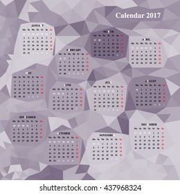 Calendar Design for 2017. Print template. Week starts on Monday. Set of 12 months. Geometric pattern, polygonal graphics (violet) - Stock Vector