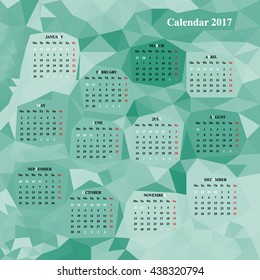 Calendar Design for 2017. Print template. Week starts on Monday. Set of 12 months. Geometric pattern, polygonal graphics (turquoise) - Stock Vector