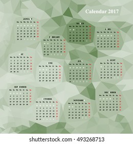Calendar Design for 2017. Print template. Week starts on Monday. Set of 12 months.Geometric pattern, polygonal graphics (green, gray) - Stock Vector