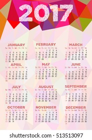 Calendar design for 2017 year with abstract polygonal background. Week starts from Sunday. Suitable for USA, Japan, Canada. Vertical orientation. Vector illustration