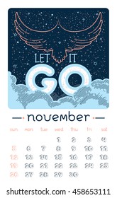 Calendar design for 2017 year. Vector illustration. Vintage style. Motivational quotes. Autumn background, seasonal card. November