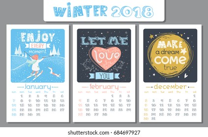 Diseño del calendario para 2018. Ilustración vectorial. Estilo vintage. Citas motivacionales. Fondo invernal, tarjeta de temporada. Enero, febrero, diciembre