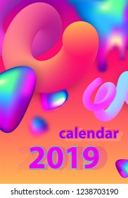 Calendar design for 2019. Colorful set. Week starts on Sunday. Fluid shapes, Cool gradients, liquids. Trendy vector collection. Futuristic minimal design. Eps10 vector.